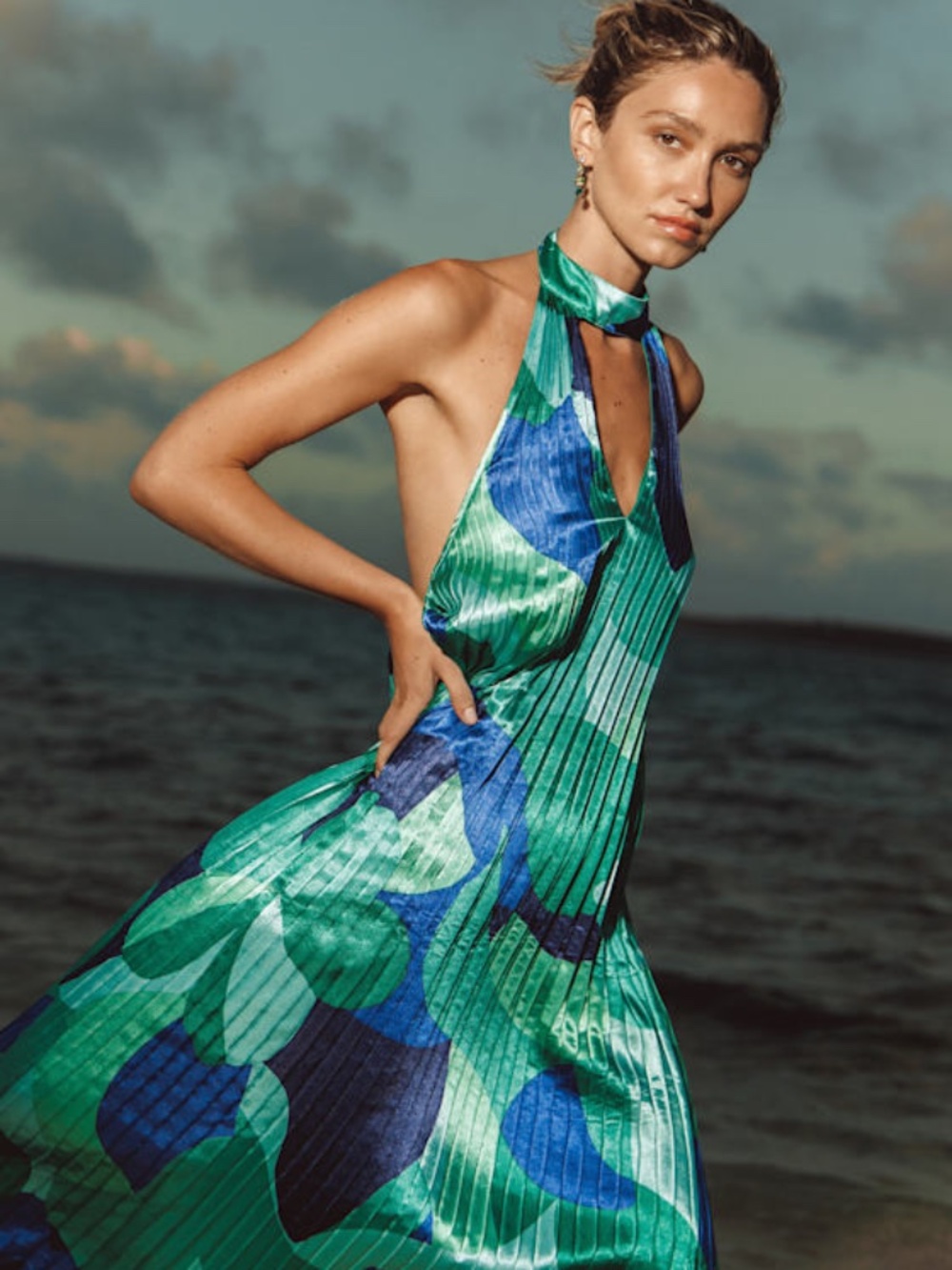 Lulus Prime Poise Green And Blue Abstract Satin Halter Maxi Dress - Size S